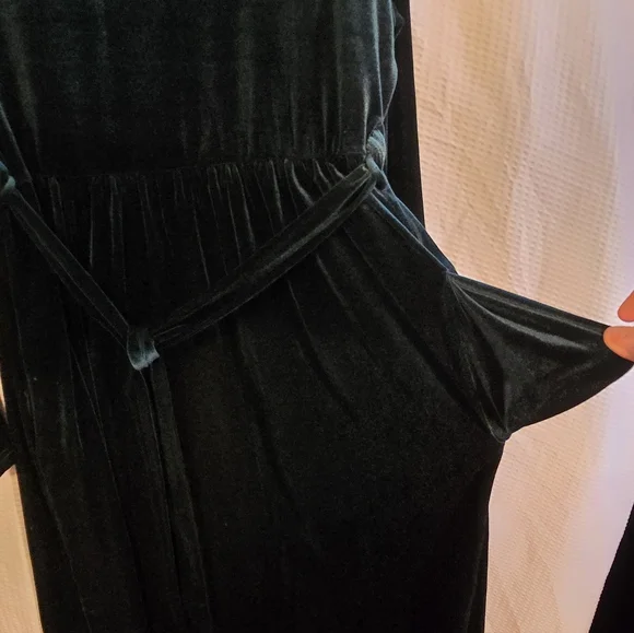 Zattcas Elegant Velvet Velour Dark GREEN Long Sleeve Maxi Dress Belt Pockets XXL - Picture 4 of 5